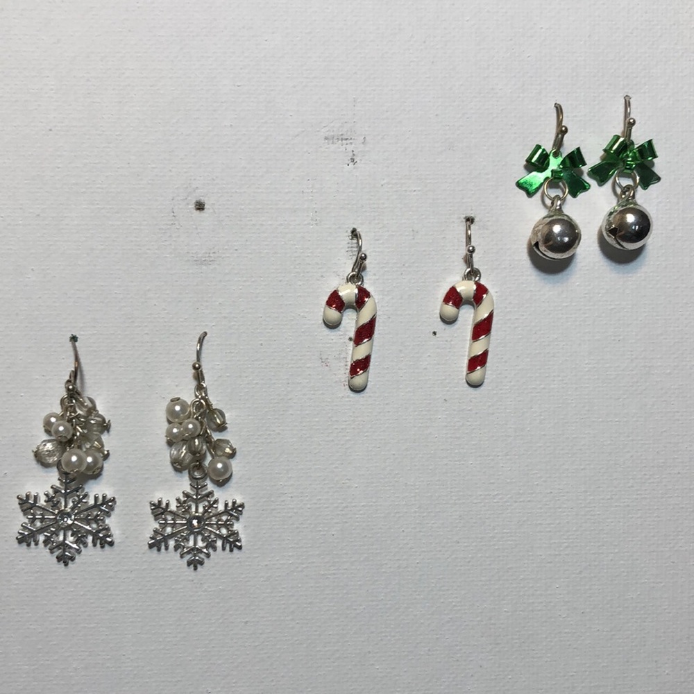 Set of 3 Christmas earrings. Bells, Candy Canes, and Snowflakes.